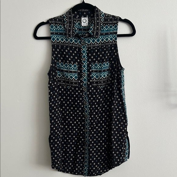 Anthropologie Akemi + Kin Boho Black and Teal Geometric Button-down Tank Blouse - Picture 2 of 7